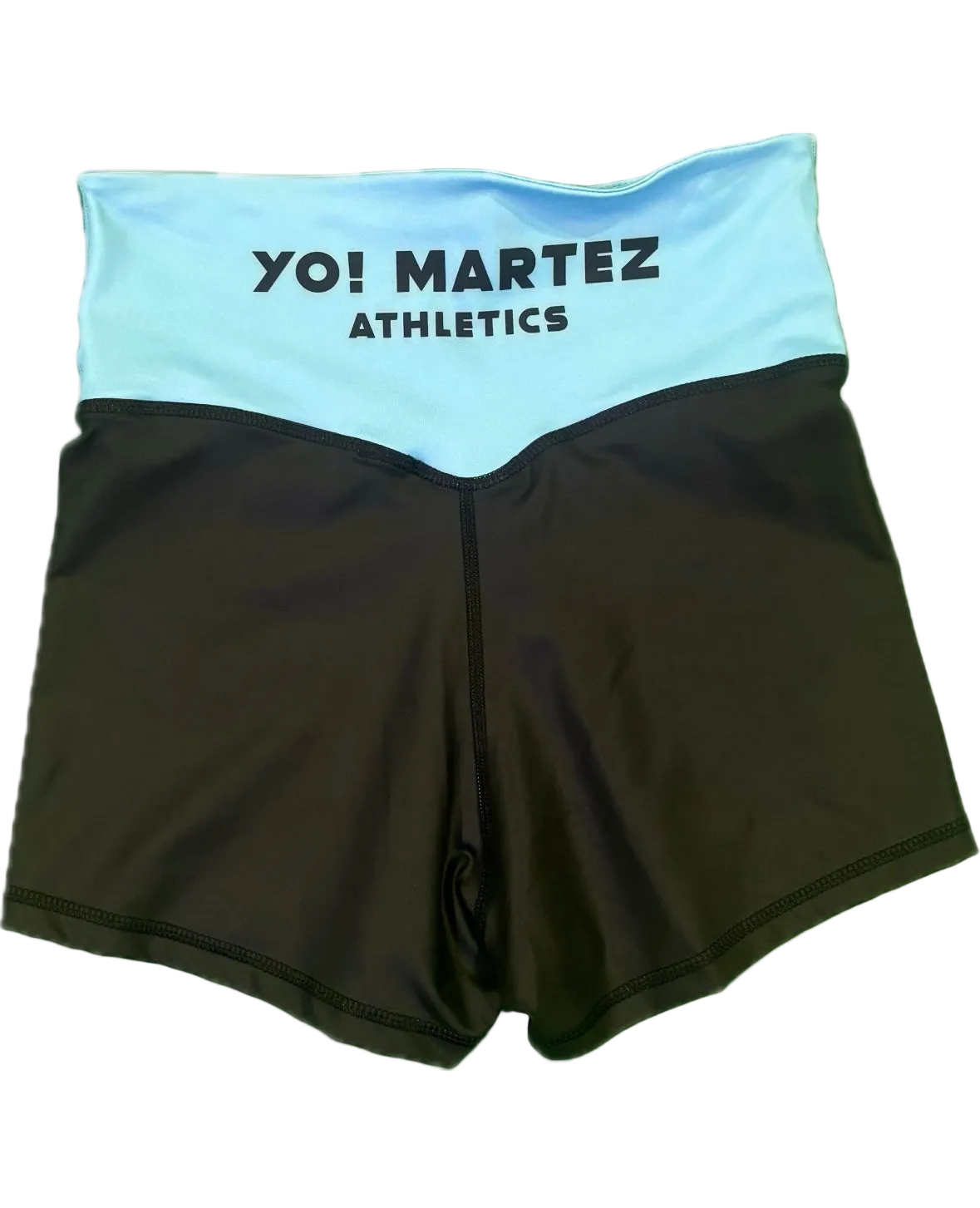 Black athletic shorts with light blue waistband featuring 'YO! Martez Athletics' text 