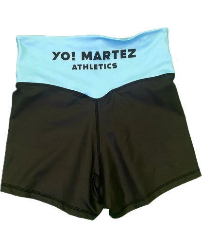 Black athletic shorts with light blue waistband featuring 'YO! Martez Athletics' text 