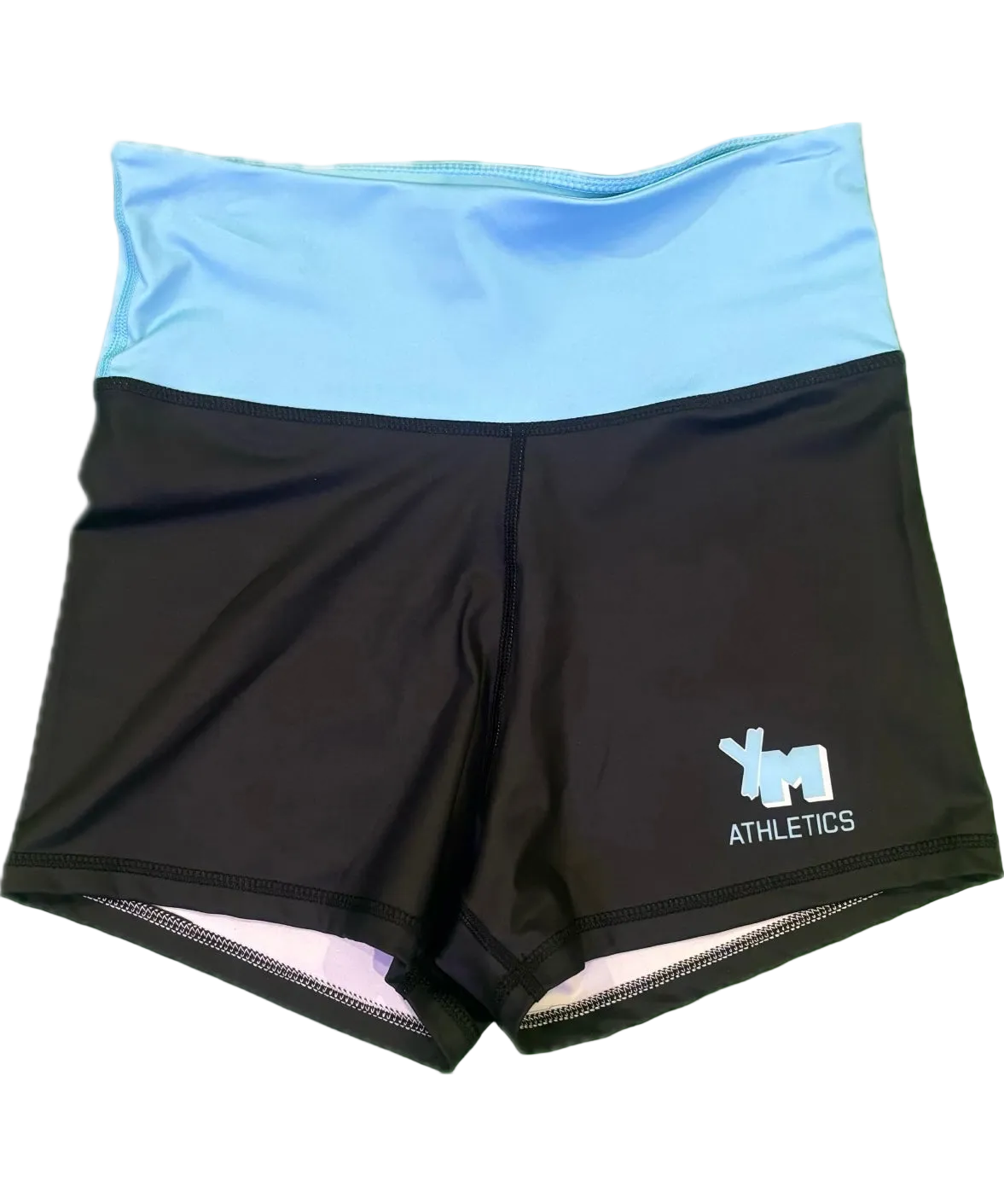 Black athletic shorts with a light blue top section on a white background