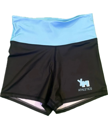 Black athletic shorts with a light blue top section on a white background