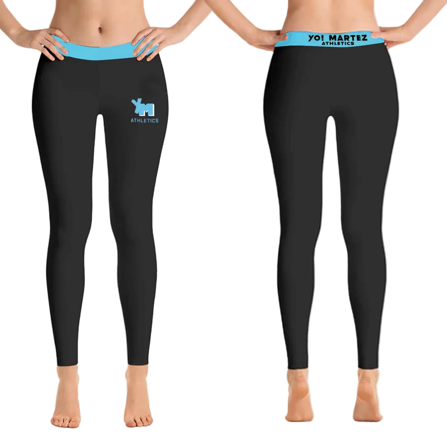 Black leggings with blue waistbands and logos worn by model