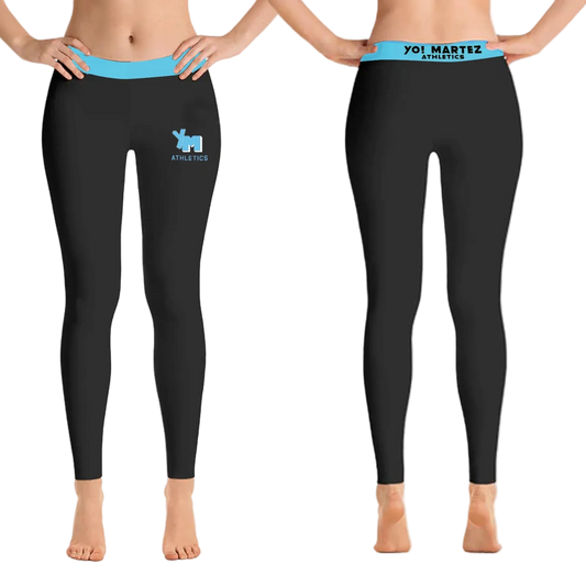 Black leggings with blue waistbands and logos worn by model