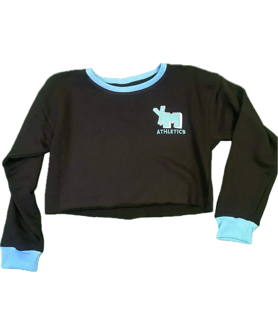 Black long-sleeve crop top with blue cuffs and collar, featuring a YM logo and text ATHLETICS underneath