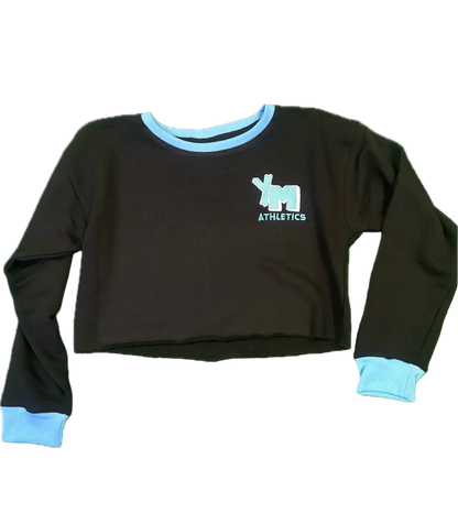 Black long-sleeve crop top with blue cuffs and collar, featuring a YM logo and text ATHLETICS underneath