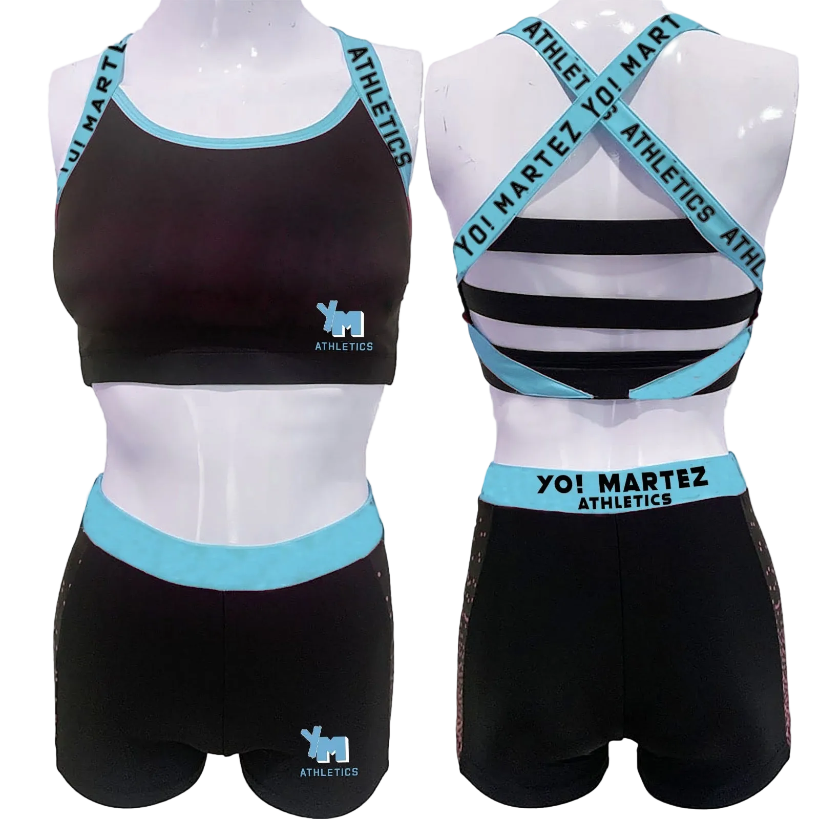 Black athletic outfit with blue accents on mannequins, featuring 'YO! MARTEZ ATHLETICS' branding.
