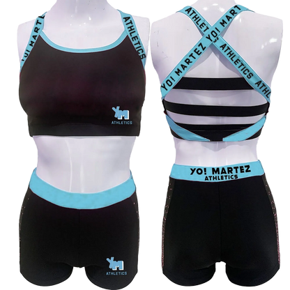 Black athletic outfit with blue accents on mannequins, featuring 'YO! MARTEZ ATHLETICS' branding.