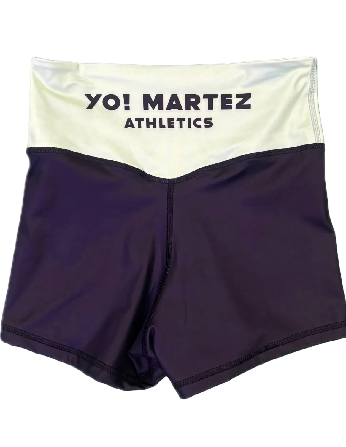 Purple athletic shorts with a white waistband displaying 'YO! MARTEZ ATHLETICS'.