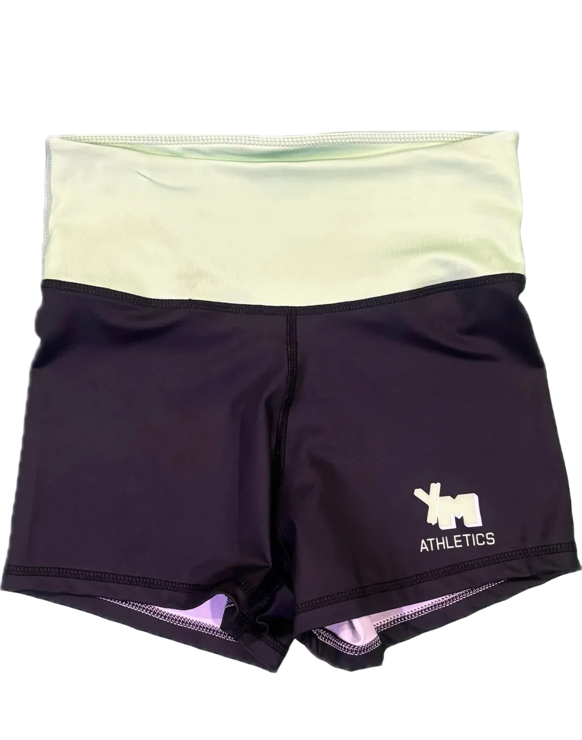 Black YM Powerpuff athletic shorts with a light green waistband 