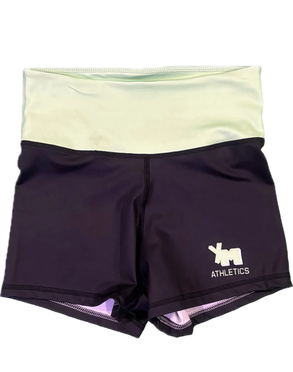 Black YM Powerpuff athletic shorts with a light green waistband 