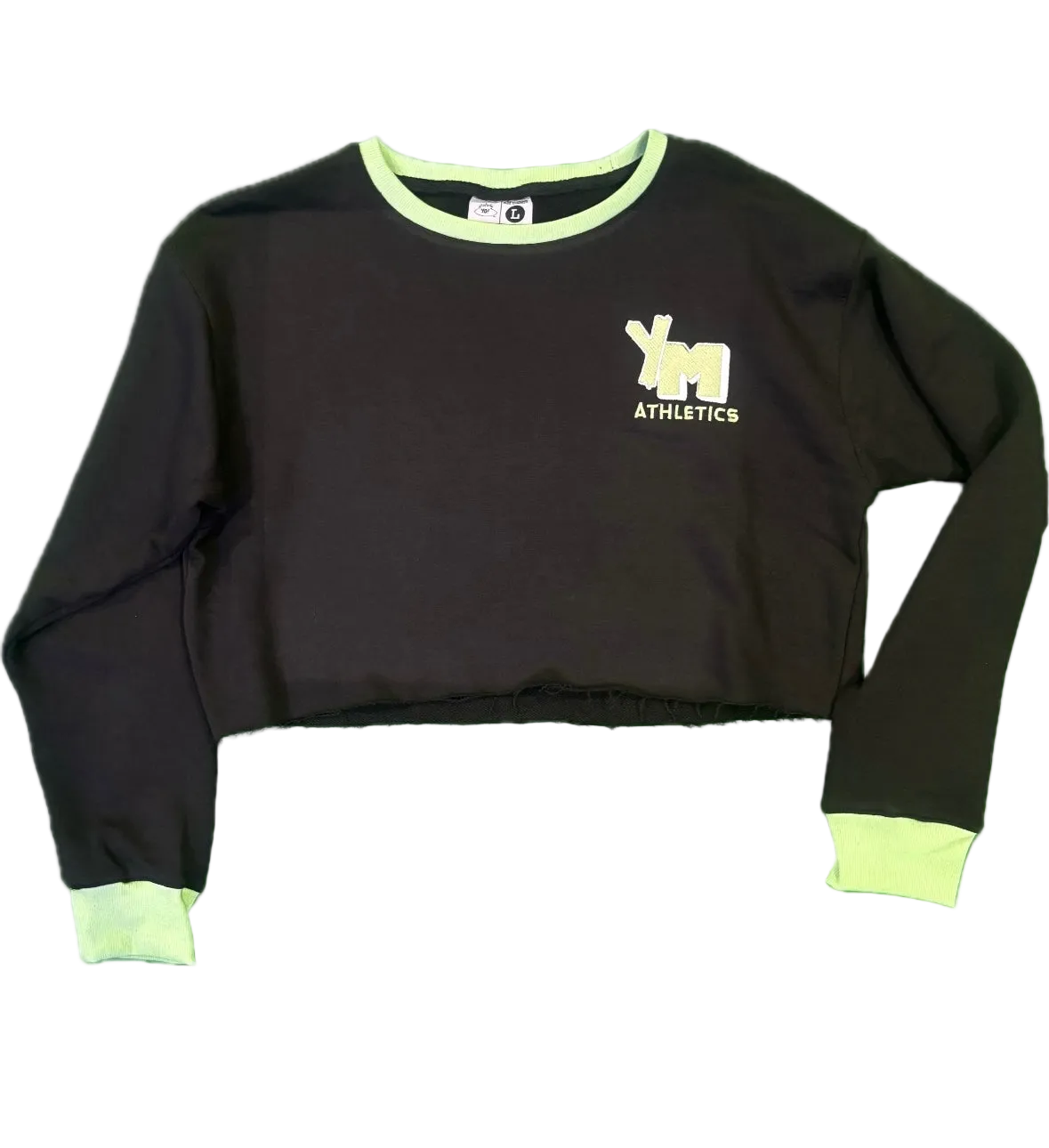 Black sweatshirt with green trim and a YM logo 