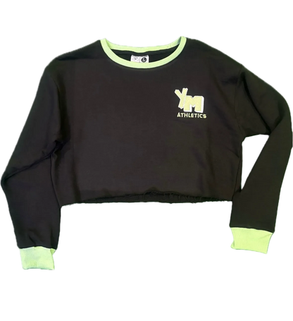 Black sweatshirt with green trim and a YM logo 