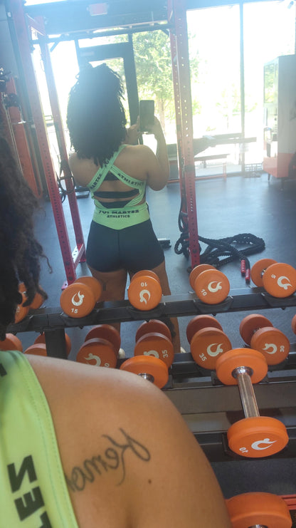 Crystal Dake showing th back details of the sports bra included in the Yo! Martez Powerpuff Set. Hot Worx in Abilene Texas