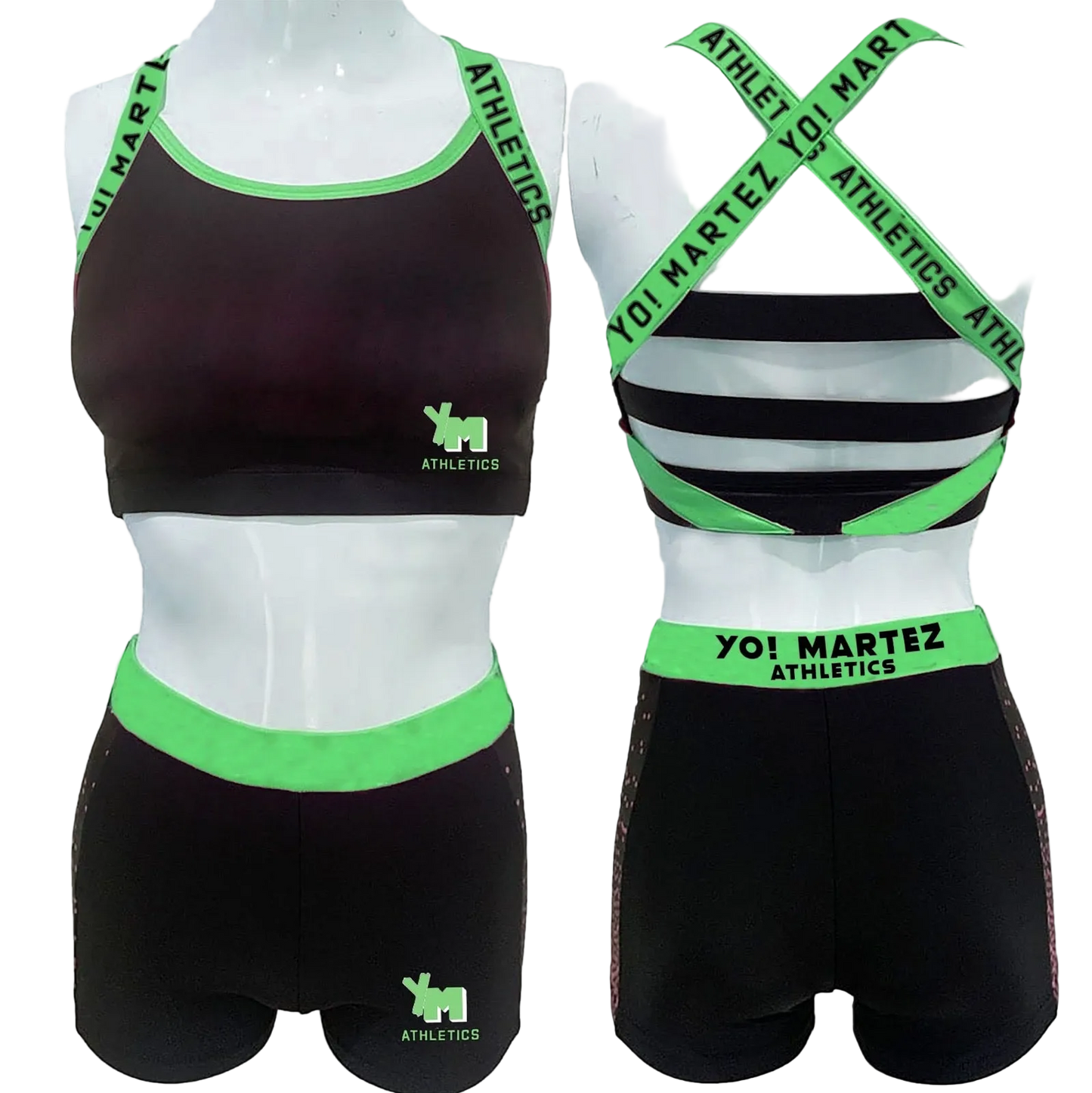 Black and green athletic outfit with 'YO! MARTEZ ATHLETICS' branding on mannequins.
