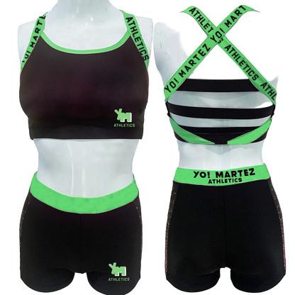 Black and green athletic outfit with 'YO! MARTEZ ATHLETICS' branding on mannequins.