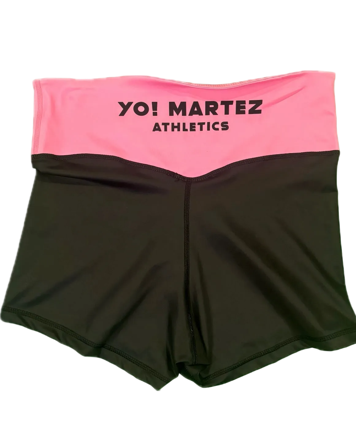 Black athletic shorts with pink waistband featuring 'YO! Martez Athletics'.