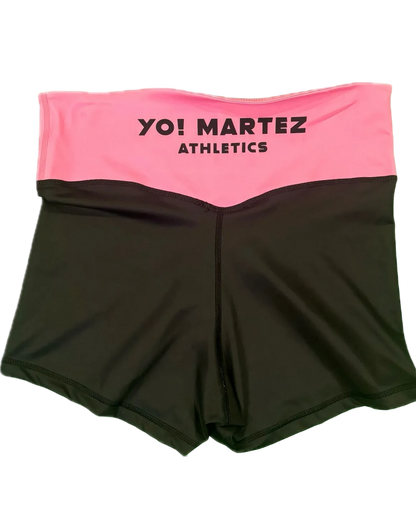 Black athletic shorts with pink waistband featuring 'YO! Martez Athletics'.