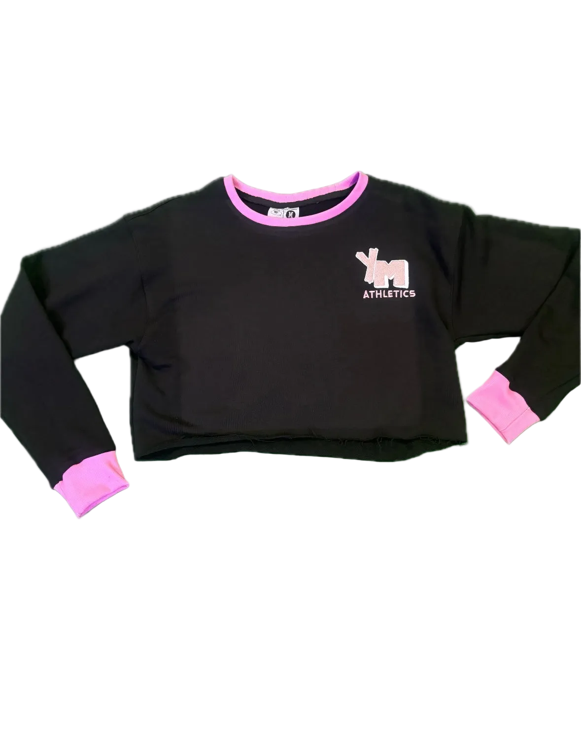 Black long-sleeve crop top with pink accents and YM embroidery