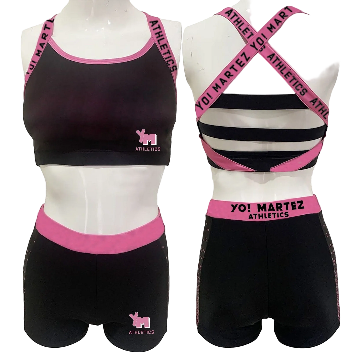 Black and pink athletic outfit with 'YO! MARTEZ ATHLETICS' branding on mannequins.