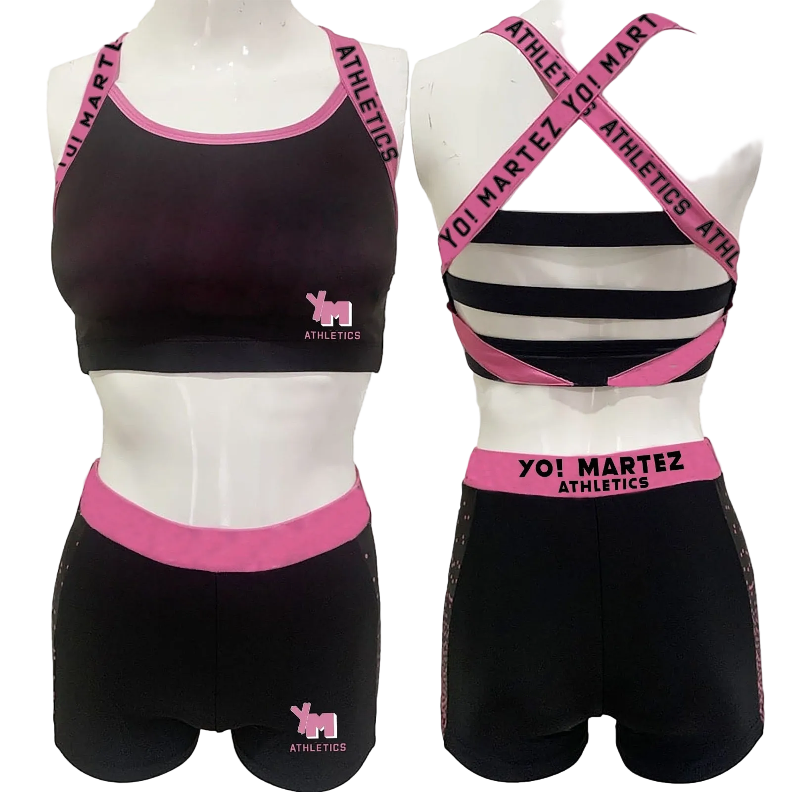 Black and pink athletic outfit with 'YO! MARTEZ ATHLETICS' branding on mannequins.