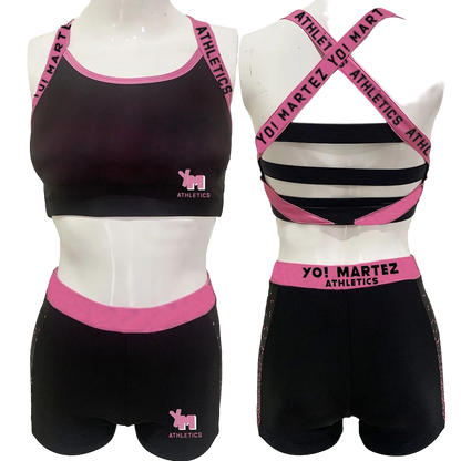 Black and pink athletic outfit with 'YO! MARTEZ ATHLETICS' branding on mannequins.