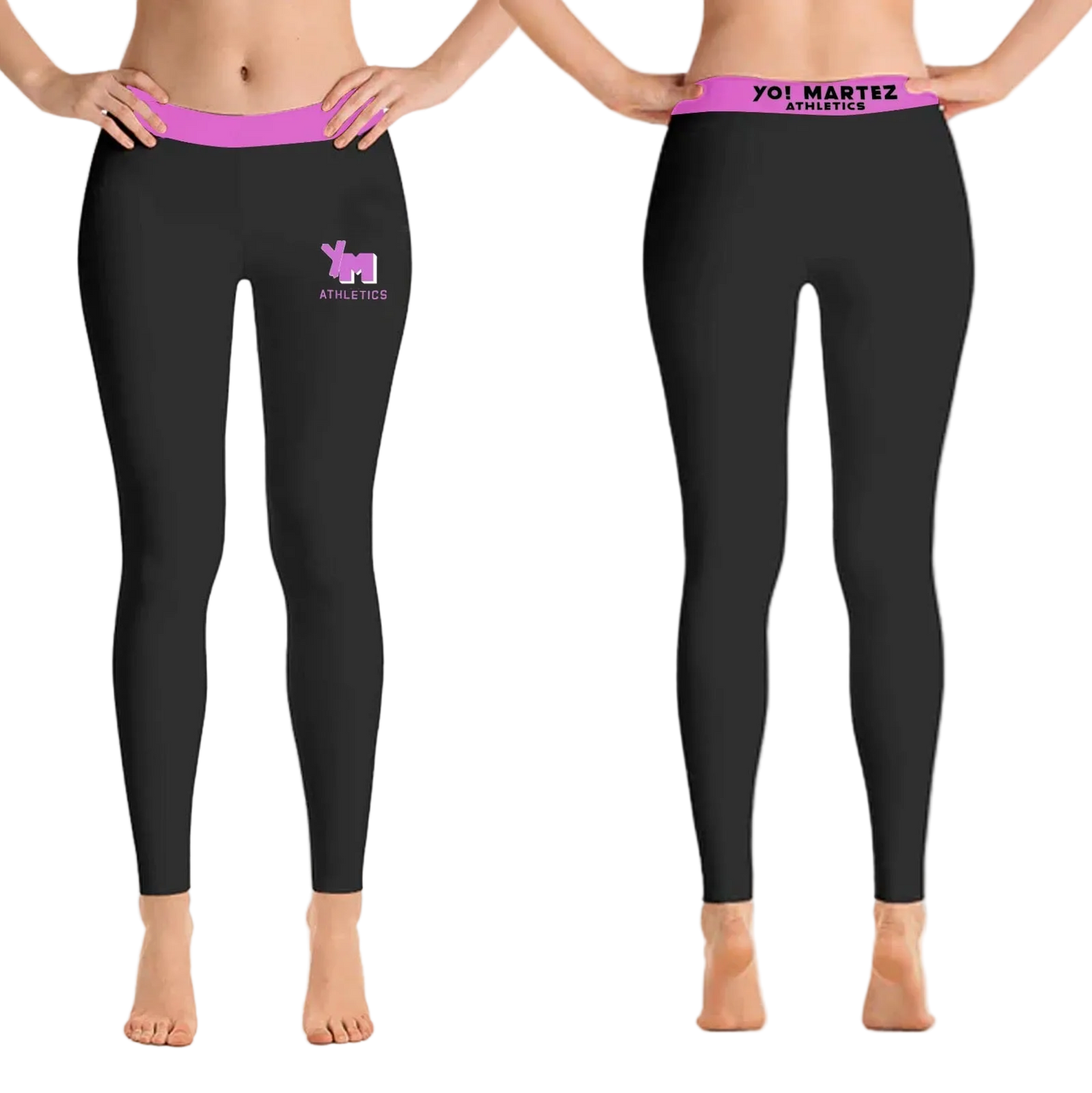 Black leggings with pink waistbands and logos worn by model