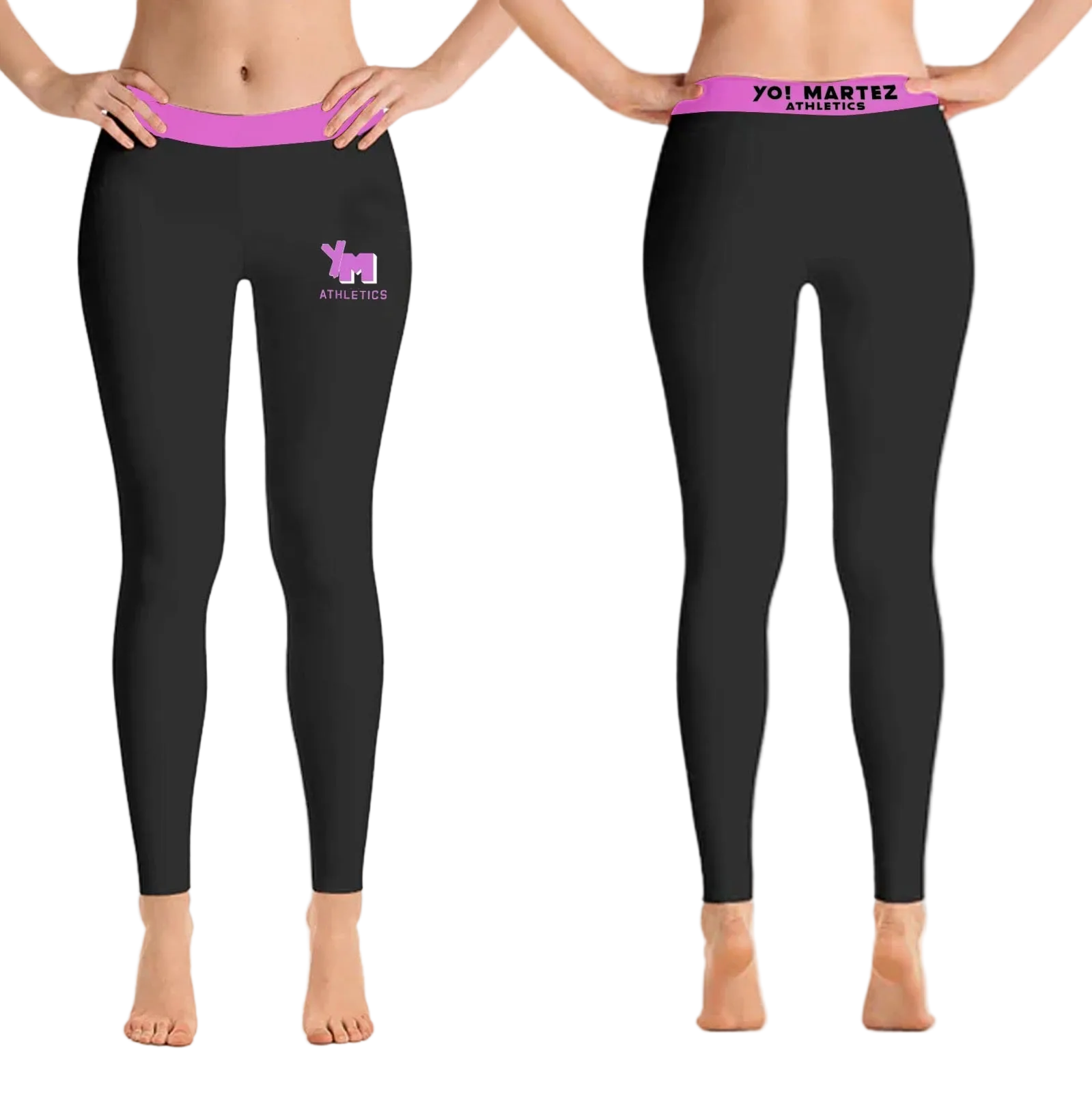 Black leggings with pink waistbands and logos worn by model