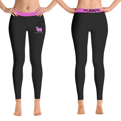 Black leggings with pink waistbands and logos worn by model