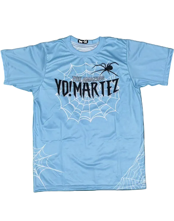 A blue athletic shirt with a spider graphic and the text 'YO! MARTEZ' on the front.