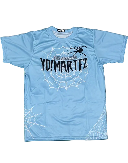A blue athletic shirt with a spider graphic and the text 'YO! MARTEZ' on the front.