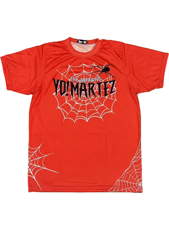 A blue athletic shirt with a spider graphic and the text 'YO! MARTEZ' on the front.