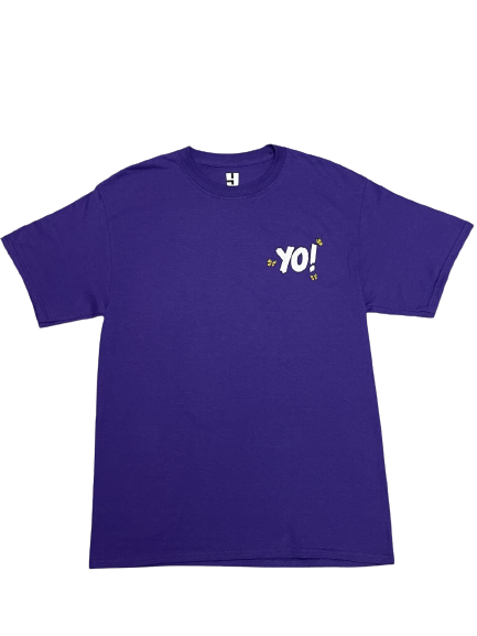 A purple crew neck t-shirt with the text 'YO! Abilene' printed on the front.